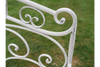 White Metal Outdoor Bench close up patina and ornate back