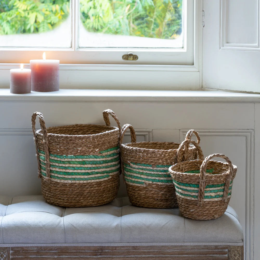 Green Striped Straw & Corn Basket With Handles - LIN23546 - Uneeka