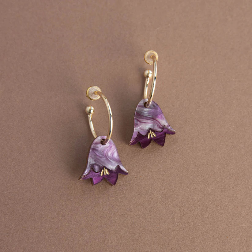 Purple Marble Wildflower Hoops - Gold Plated Silver Posts - Uneeka