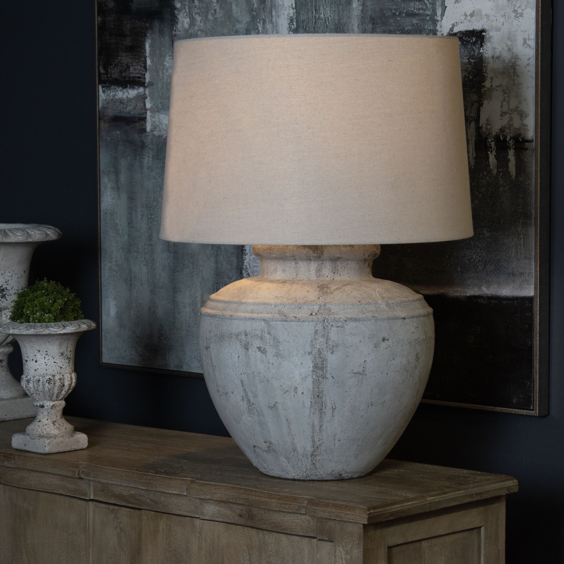 Aged Stone Grandeur Round Table Lamp with Linen Shade - 22914 - Uneeka