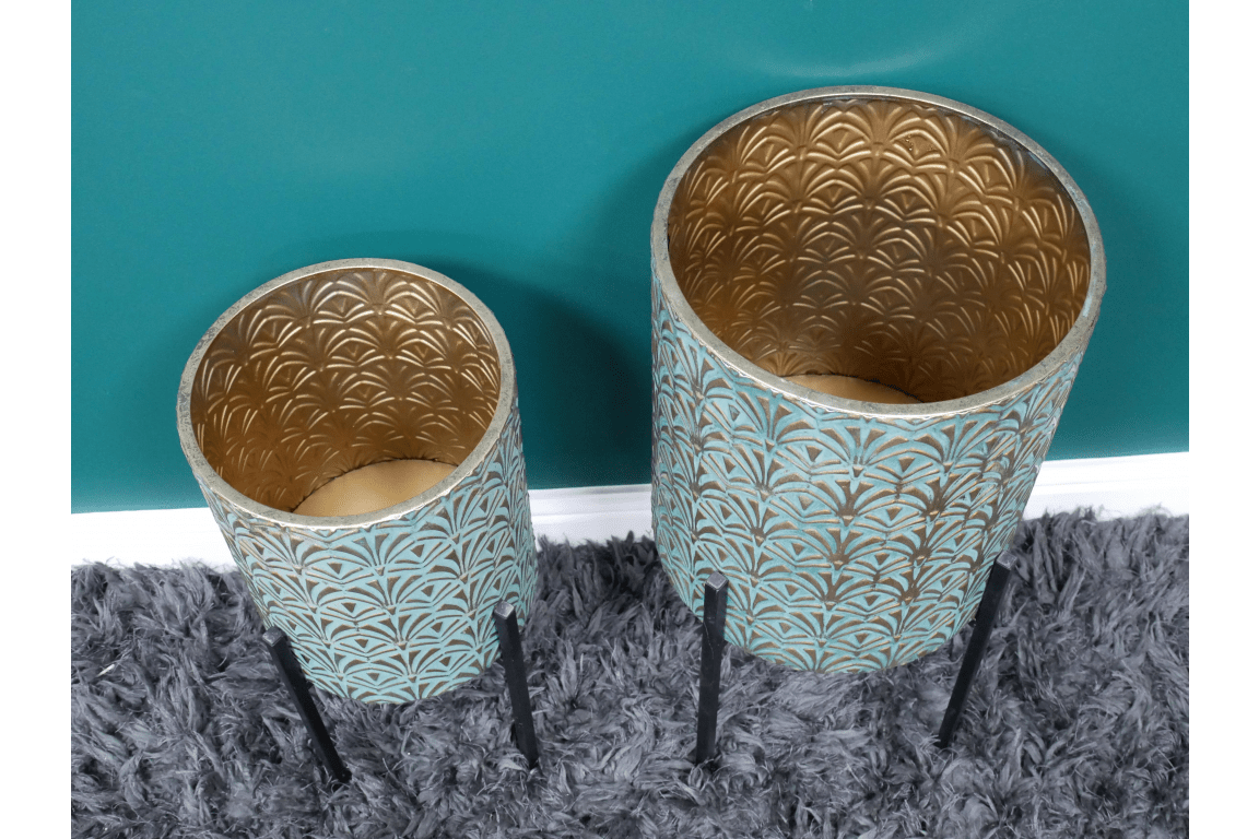 Art Deco Blue and Gold Metal Planters - 7878S - Uneeka