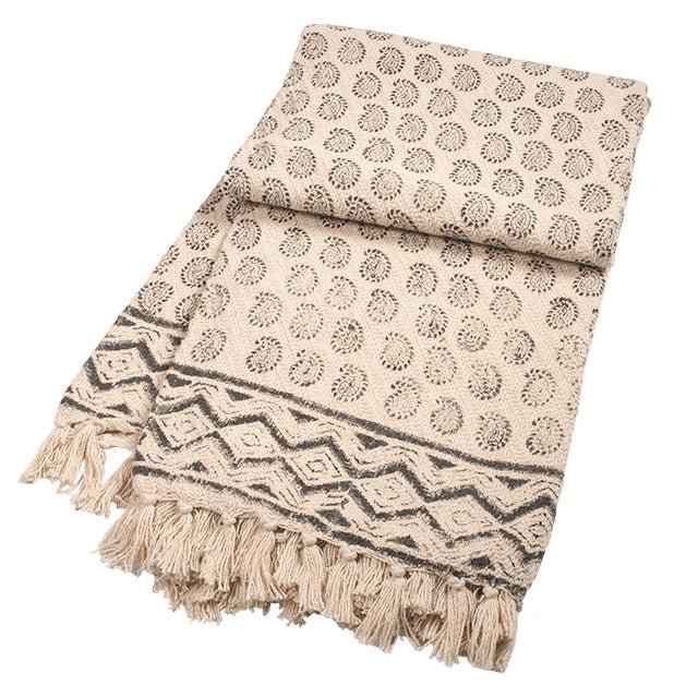 Black Block Print Cotton Throw with Tassels - TH303 - Uneeka