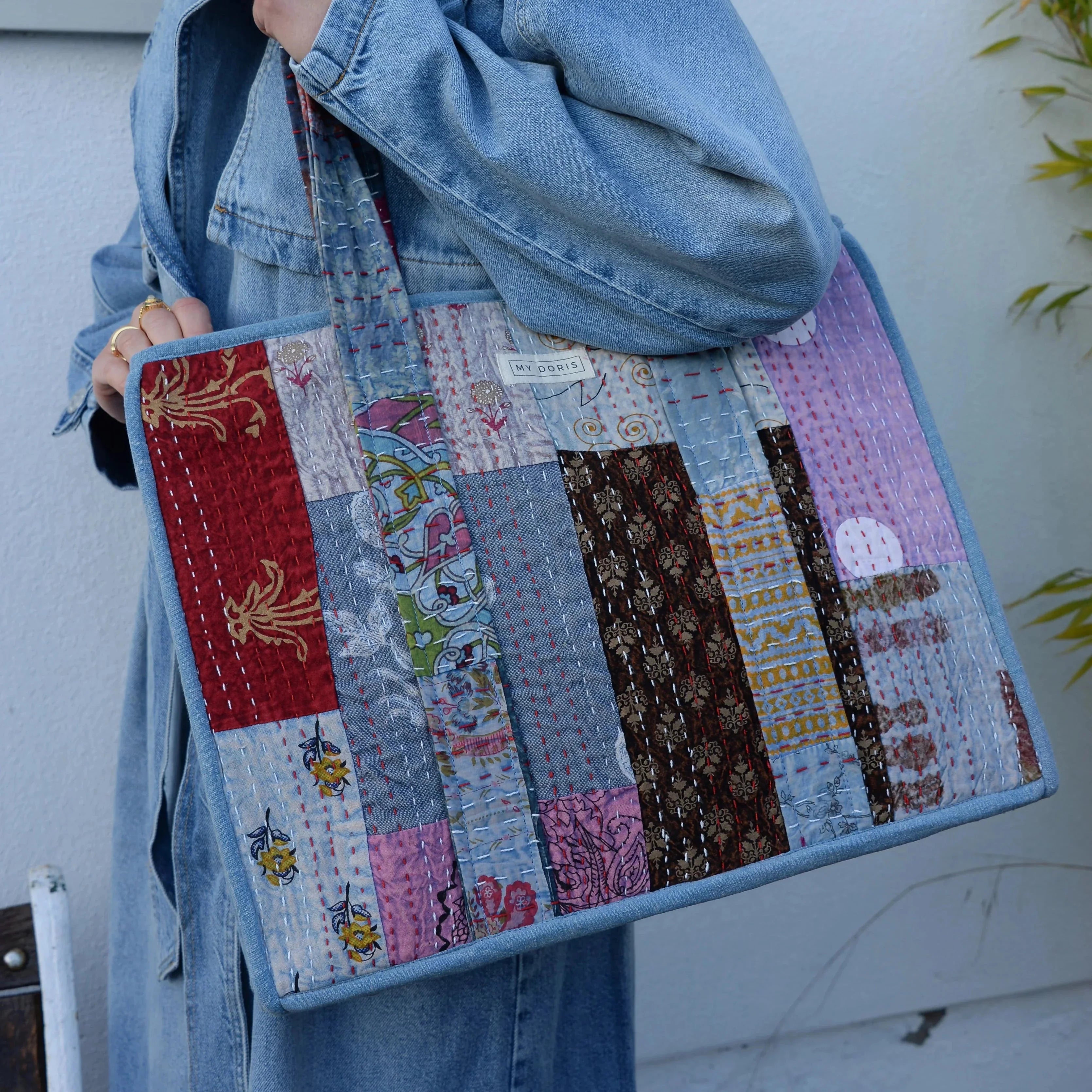 Blue Patchwork Kantha Shopper Bag - BAG000051 - Uneeka
