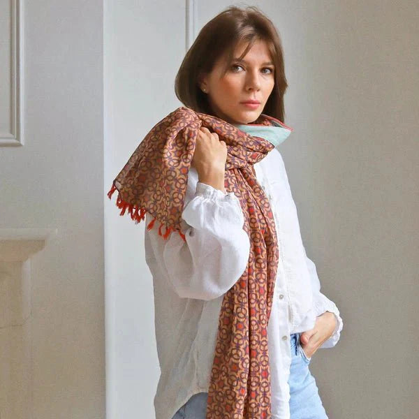 Burnt Orange Block Print Star Scarf - VZS - 19104 - Uneeka