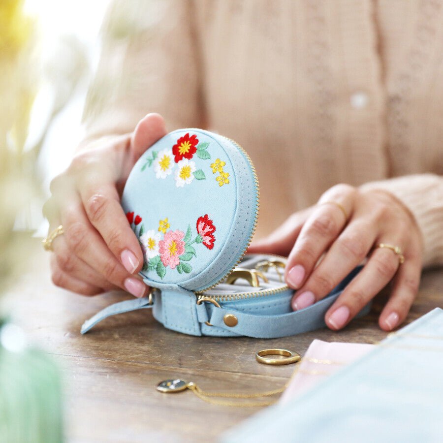 Embroidered Flowers Mini Round Velvet Jewellery Case - 53473 - Uneeka