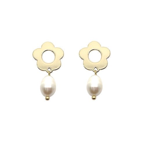 Flower Shape & Natural Pearl Drop Earrings - CE - 4237 - GD - Uneeka