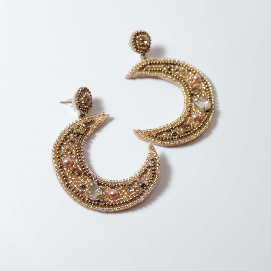 Gold Beaded Moon Drop Earrings - EAR000227 - Uneeka