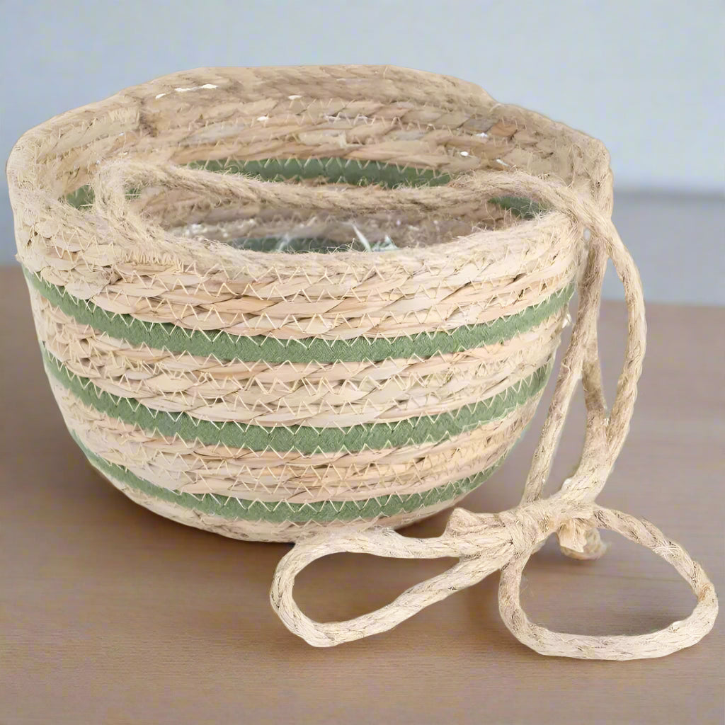 Green Stripe Natural Seagrass Hanging Basket - LIN24840 - Uneeka