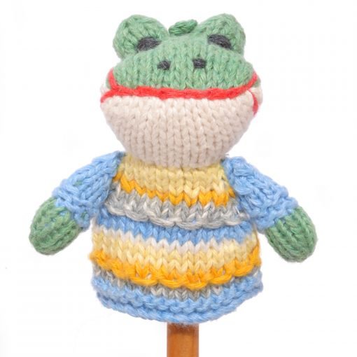 Hand Knitted Frog in Stripy Dress Finger Puppet - SYFS027 - Uneeka