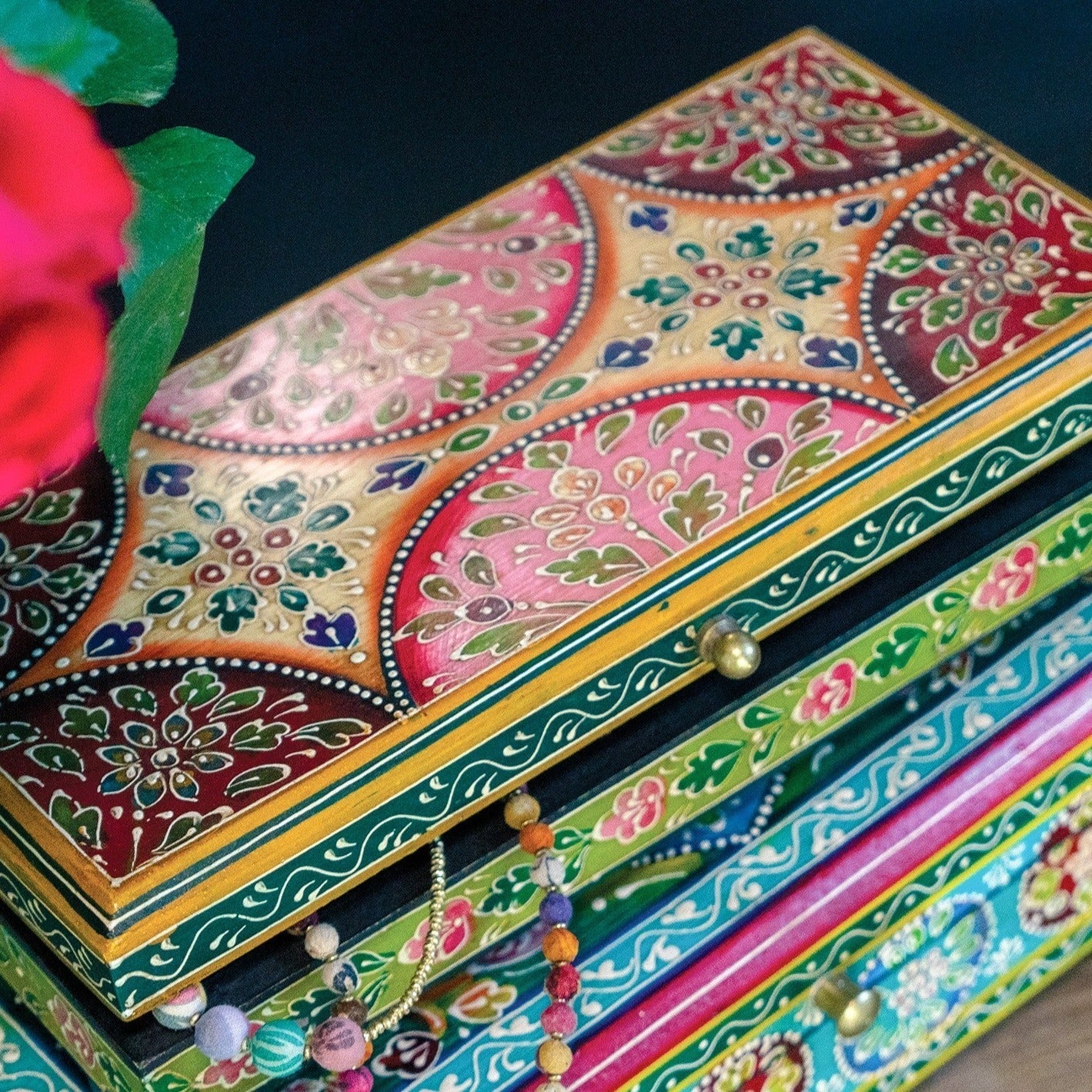 Hand Painted Green Floral Wooden Box - BX251 - Uneeka