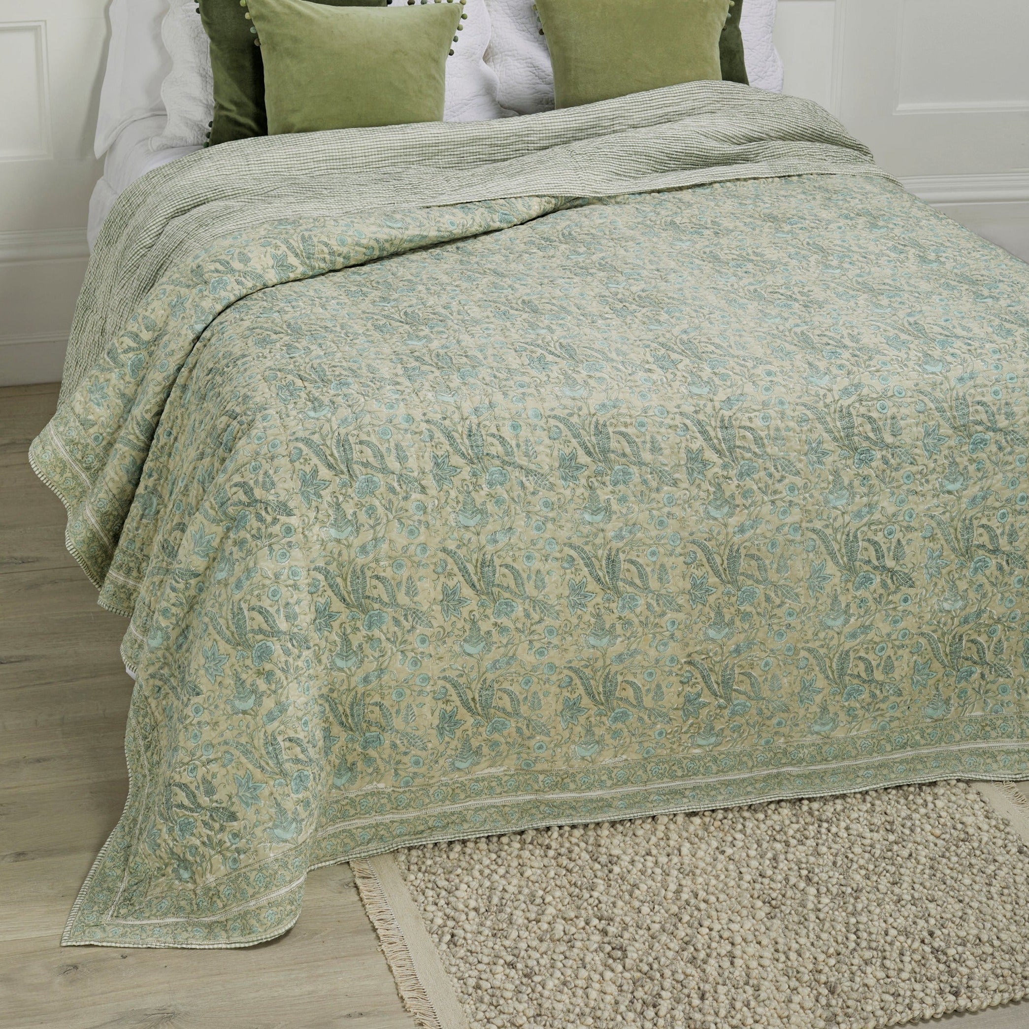 Jaipur Olive Hand Block Printed Bedcover - JHPQO - Uneeka