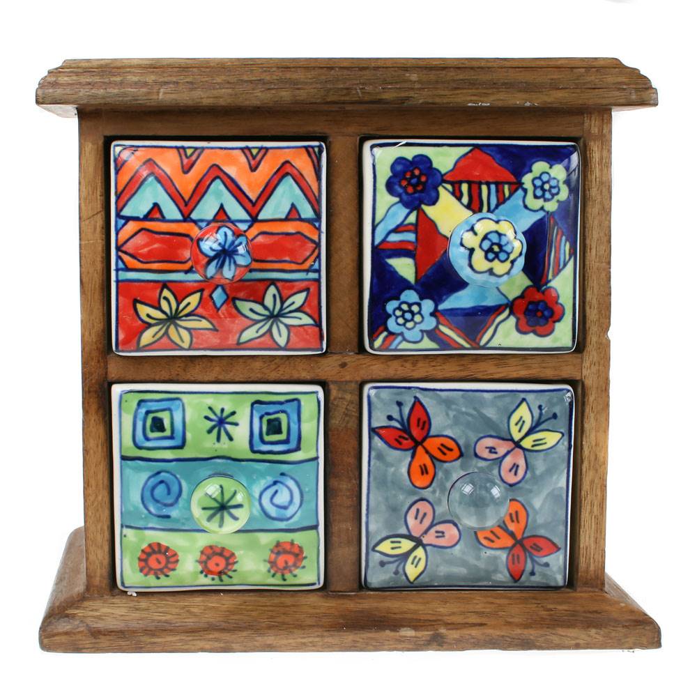 Mini Wooden Chest with Four Ceramic Drawers - H007 - Uneeka