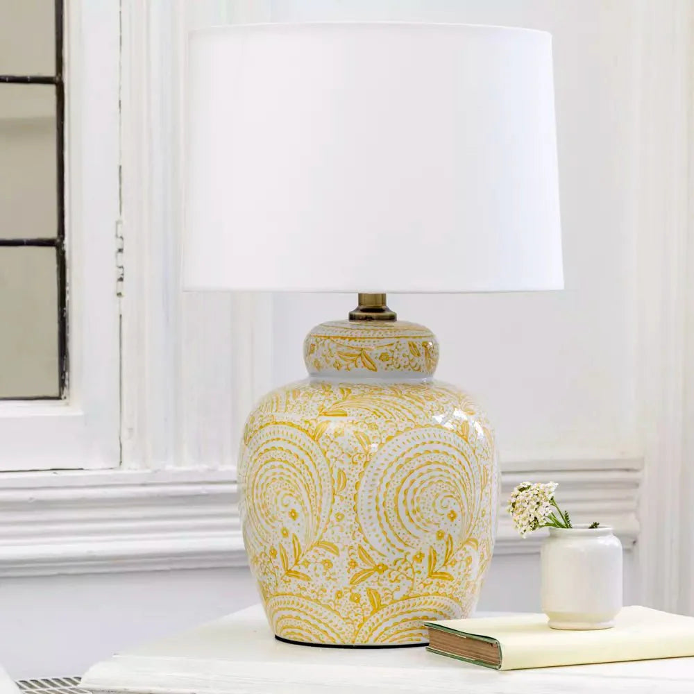 Paisley Yellow Ceramic Table Lamp with Ivory Shade - JIN25067 - Uneeka