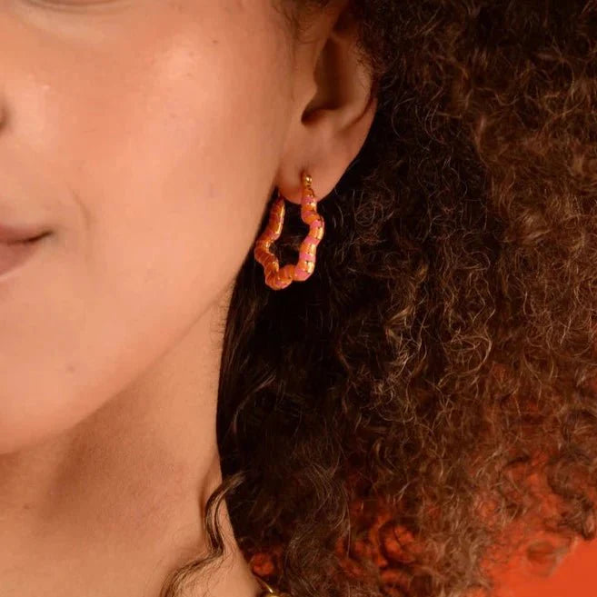 Pink & Orange Wavy Enamel Gold Hoops - PINK ENAMEL WAVY GOLD HOOPS - Uneeka