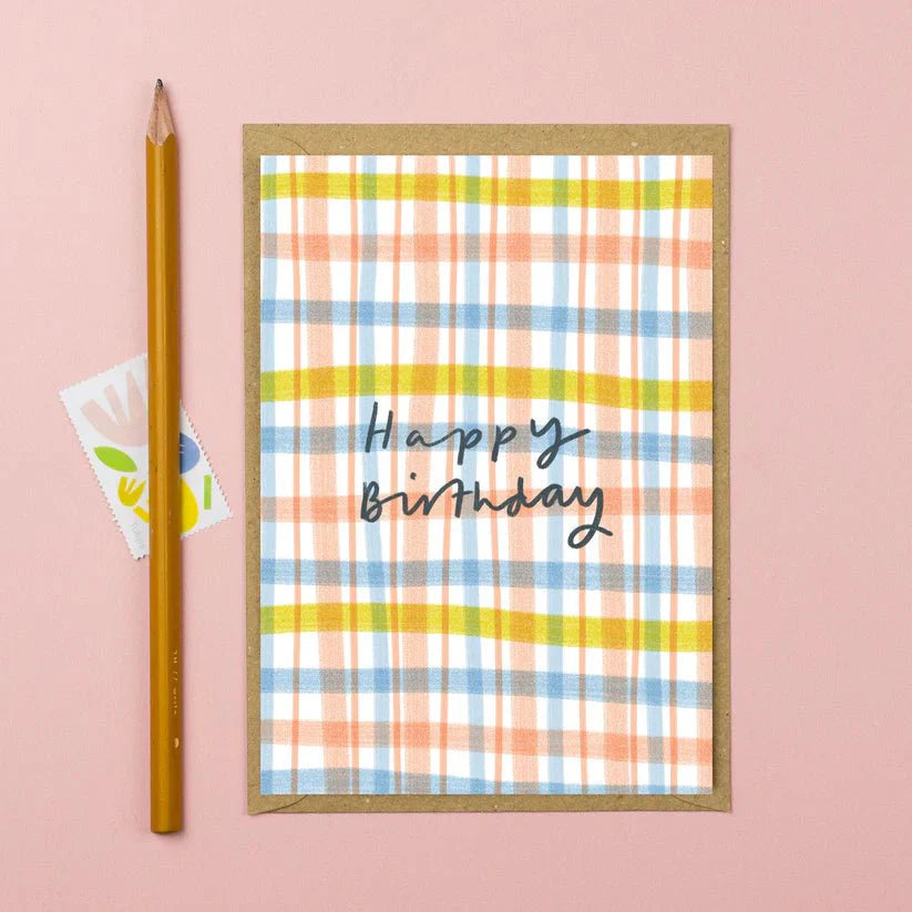 Pink & Yellow Check Happy Birthday Card - B28 Pink & Yellow Check - Uneeka