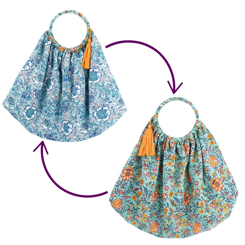 Reversible Block Print Tassel Bag - BAGPACK01 - TURQUOISE BAG0284 - Uneeka