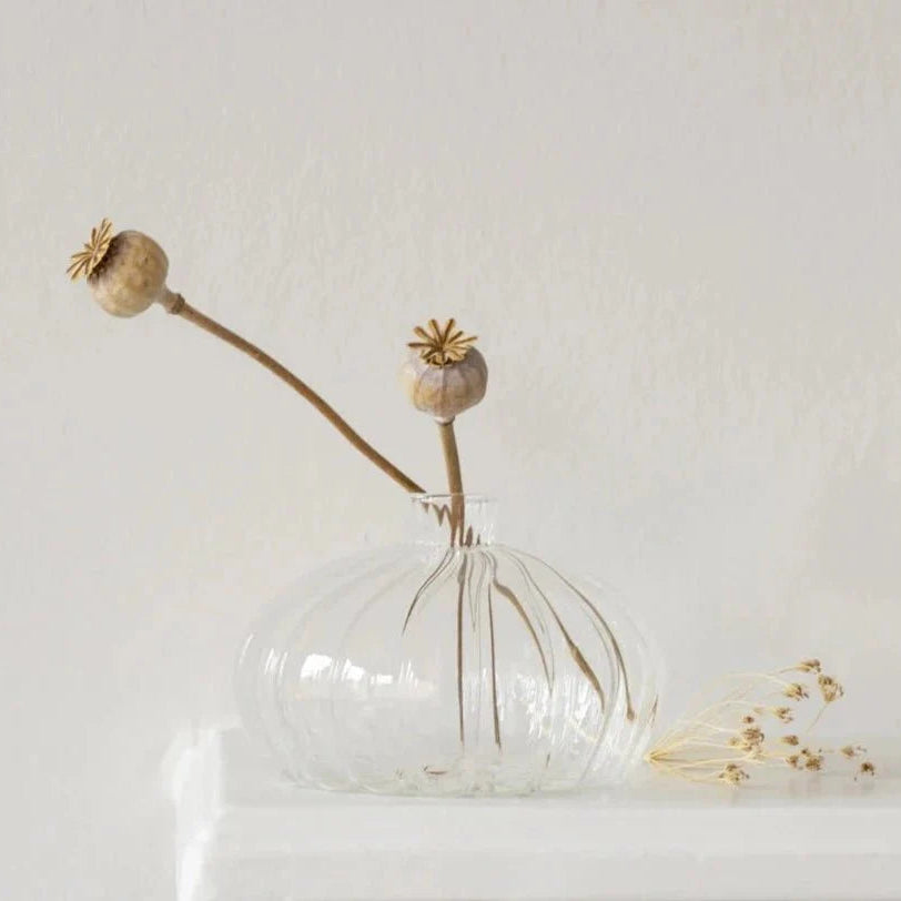 Ribbed Short Clear Glass Vase - B21250 - Uneeka