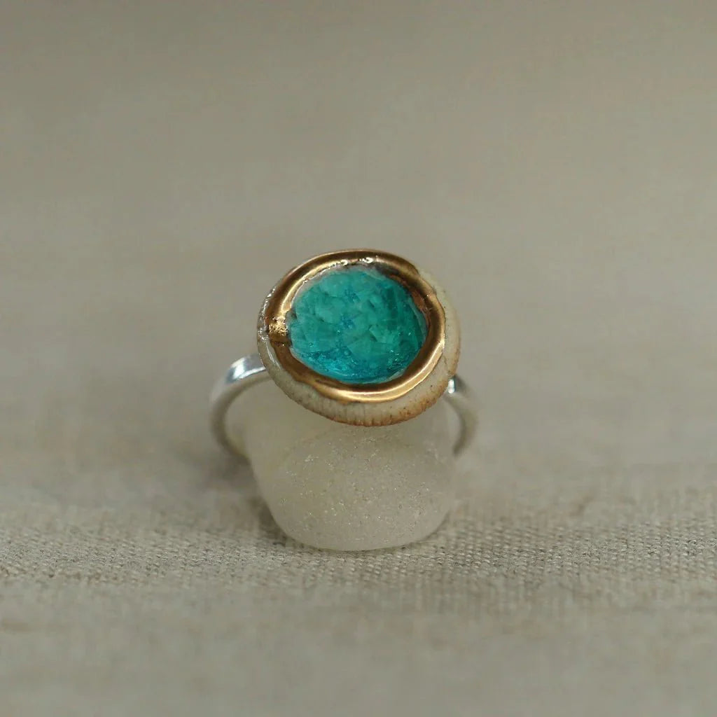 Round Glazed Glass Pendant Sterling Silver Adjustable Ring - 50SG - Lagoon Emerald - Uneeka