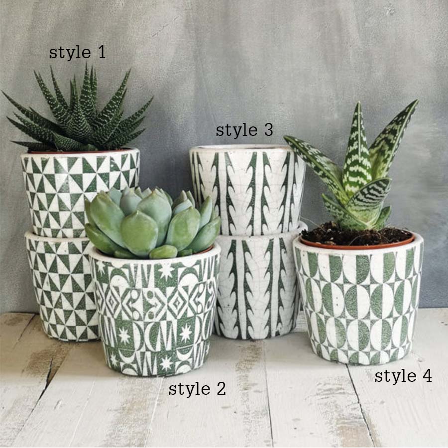 Small Green Assorted Patterned Plant Pots - CV02046 - DIAMONDS - Uneeka