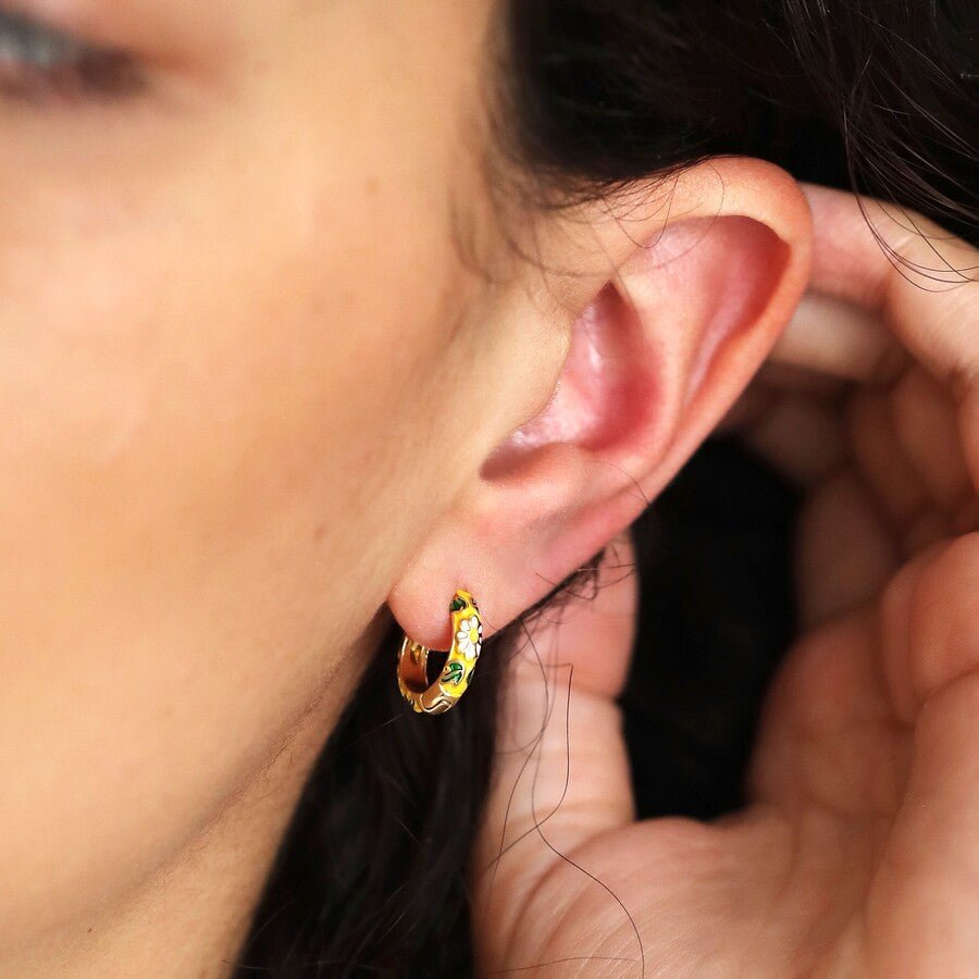 Small Mustard Cloisonné Hoop Earrings in Gold - 67648 - Uneeka