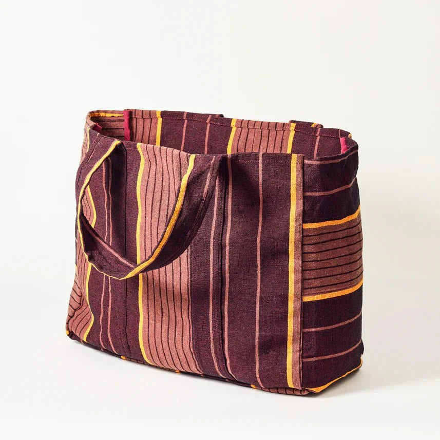 Striped Recycled Textile Open Tote Bag - 075403 - BROWN - Uneeka