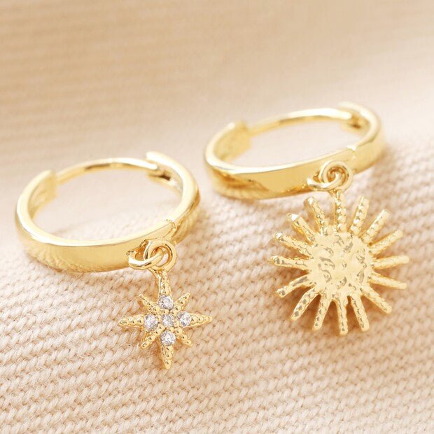 Sunburst and Star Charm Huggie Hoops - 61587 - Uneeka