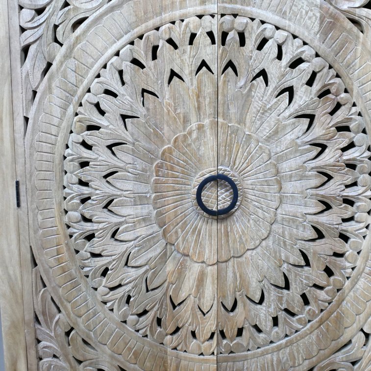 Tall Mango Wood Carved Circle Cut Out Cabinet - 10186 - Uneeka