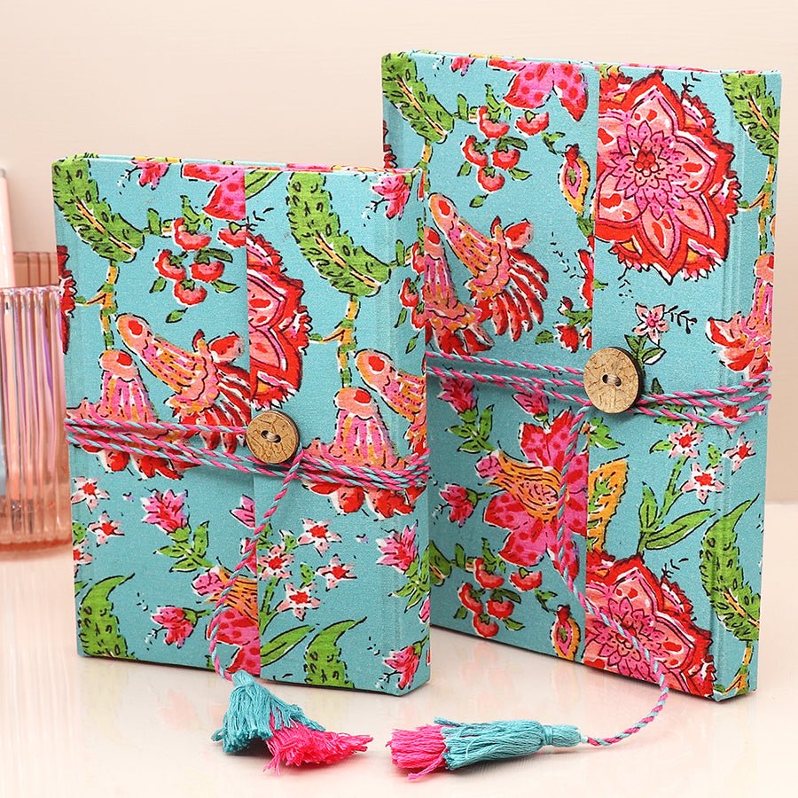 Turquoise Block Print Cotton Bound Notebook - 85011 - SMALL - Uneeka
