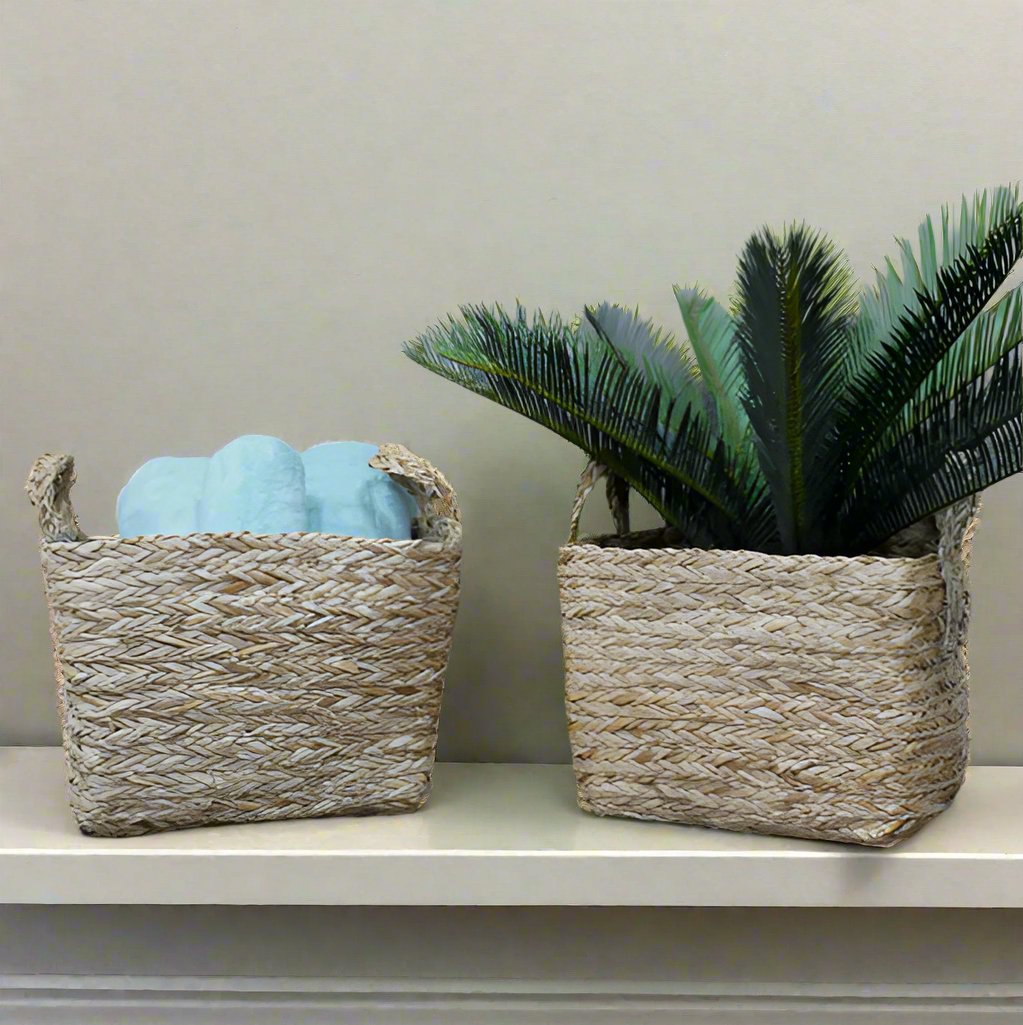 Two Handle Natural Woven Square Basket / Planter - 8519 - SMALL - Uneeka